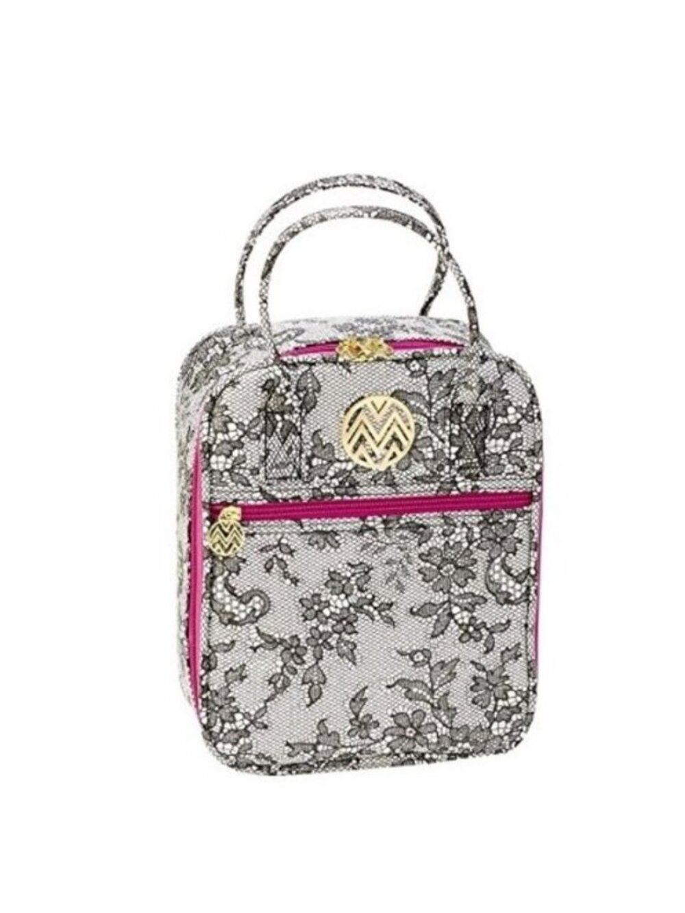 Macbeth Collection White Lace Print Lunch Tote W/ Fuchsia Zipper Accents